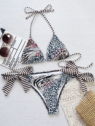 Traje de Baño Bikini Sexy para Mujer Estampado de Leopardo Degradado Top de Triángulo Halter y Braguita con Lazos Laterales