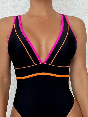 Sexy Black One Piece Swimsuit For Women Deep V Neck Color Block Fluorescent Pink Orange Piping High Cut Sporty Monokini Swimwear