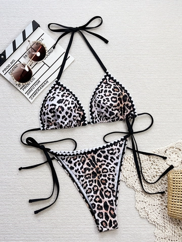 Women Leopard Print Bikini Set Sexy Halter Neck String Tie Two Piece Swimsuit Scalloped Edge Triangle Beach Bathing Suit