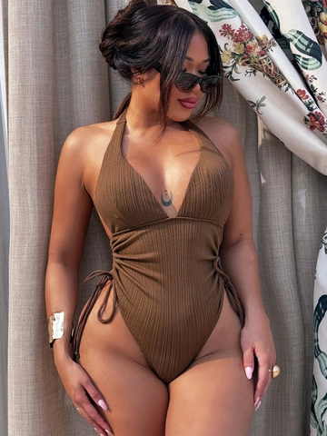 Women Ribbed One Piece Swimsuit Halter Neck Deep V Ruched Drawstring Monokini Sexy Hollow Out Brown Bathing Suit Beachwear