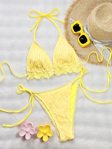 Women Sexy Yellow Ruffle Bikini Set Two Piece Swimsuit Halter Neck Side Tie Ribbed Bathing Suit Summer Beachwear