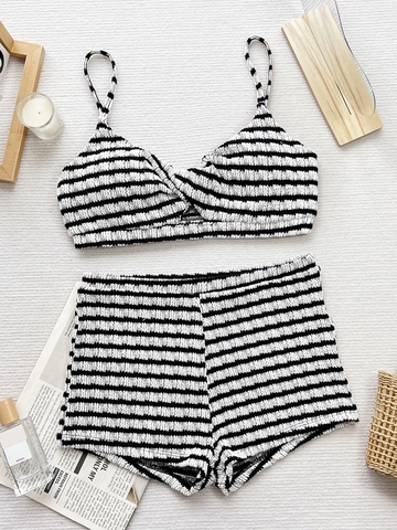 Women Stripe Bikini Set Twist Front Spaghetti Strap High Waisted Swimsuit Ribbed Textured Beachwear Bathing Suit Outfit