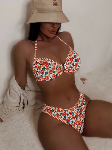 Women Floral Bikini Set Halter Neck Swimsuit Multicolor Daisy Print Swimwear Striped Trim Bathing Suit Bikini Top And Bottom