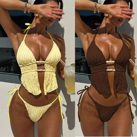 Costume da Bagno Bikini Halter Sexy da Donna Arricciato Strutturato Con Decorazione a Conchiglia Fondo a Triangolo Legato Lateralmente