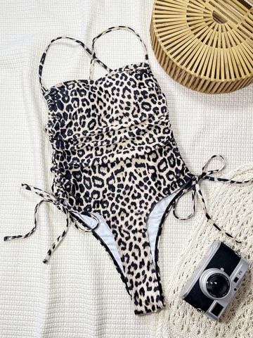 Women's Leopard Print One-Piece Swimsuit Sexy Spaghetti Strap Ruched Side Tie Padded Wire Free Beachwear Vacation Bathing Suit