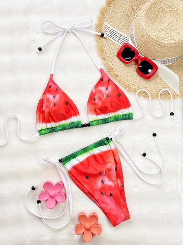 Women's Sexy Watermelon Print Bikini Set Halter Triangle Top Side Tie Bottom Two Piece Swimsuit Summer Beachwear Bathing Suit