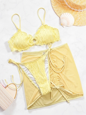 Women Sexy Yellow Bikini Top And Bottom With Mesh Sarong Skirt Textured Beachwear Swimsuit For Vacation