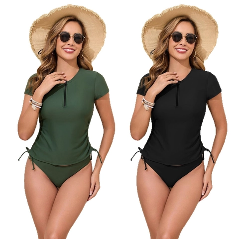Bañador de Dos Piezas para Mujer Manga Corta Cremallera Frontal Rash Guard Bikini de Cintura Alta Cordón Fruncido