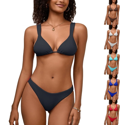 Women Sexy Solid Color Bikini Triangle Top And High Cut Bottom Swimming Suit Beachwear Bathing Suit Vacation Wear