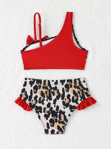 Enfants Filles Bikini Ensemble Deux Pièces Maillot de Bain Une Épaule Nœud Fraise Vache Léopard Imprimé Volants Été Plage