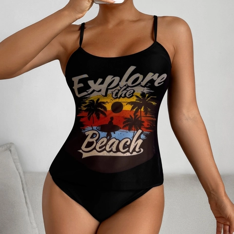 Women's Two Piece Tankini Swimsuit Mesh Patchwork Beach Sunset Print Bathing Suit Adjustable Straps Bikini Set For Vacation