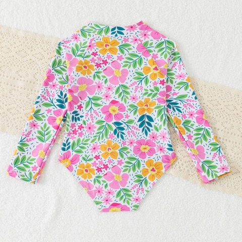 Costume da Bagno a Maniche Lunghe per Bambina Stampa Floreale Cerniera Anteriore Protezione Solare Kids Beachwear