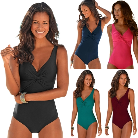 Women One Piece Swimsuit Deep V Neck Twist Front Bathing Suit Backless Solid Color Monokini Summer Beach Vacation Wear