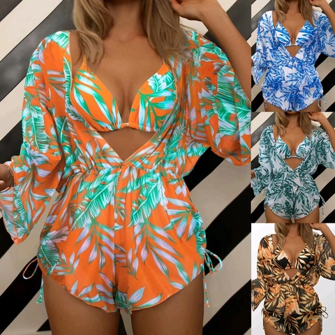 Γυναικείο Σετ Μαγιό με Τροπικά Φύλλα Halter Bikini Top Και Σορτς με Κορδόνι Με Διχτυωτό Cover Up με Μακρύ Μανίκι
