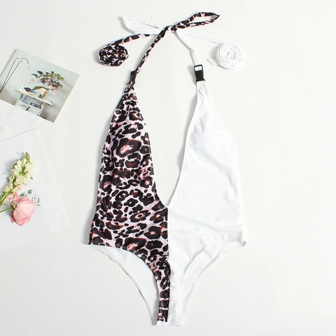 Women's Sexy Deep V-Neck One-Piece Swimsuit Leopard Snakeskin Print Crossover Backless Bathing Suit Beachwear Monokini