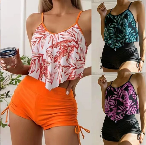 Nylon Polyester Women Tropical Leaf Print Tankini Swimsuit Ruffle Hem Top And High Waisted Drawstring Shorts Bathing Suit
