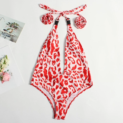 Women's Sexy Deep V-Neck One-Piece Swimsuit Leopard Snakeskin Print Crossover Backless Bathing Suit Beachwear Monokini