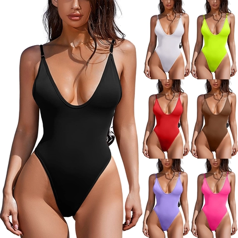 Women Sexy Deep V Neck One Piece Swimsuit High Cut Spaghetti Strap Backless Solid Color Beachwear Bathing Suit