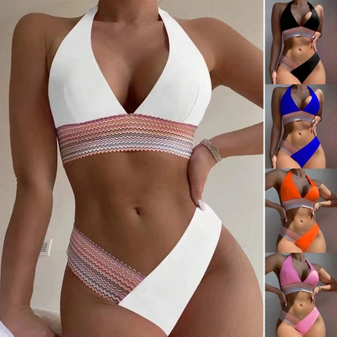 Women Sexy Halter Neck Bikini Set Two Piece Swimsuit Wavy Trim Patchwork Padded Beachwear Triangle Bathing Suit