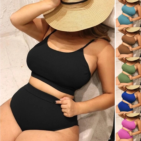 Women Plus Size Ribbed Bikini Set High Waist Top And Bottom Solid Color Camisole Swimsuit For Beach Vacation Bathing Suit