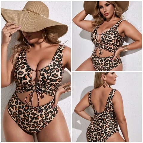 Plus Size Leopard Print Cut Out One Piece Swimsuit For Women Sexy V Neck Tie Front High Elastic Bathing Suit Beachwear