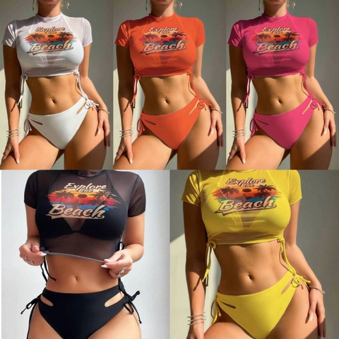 Women High Waist Bikini Swimwear With Short Sleeve Mesh Printed Cover Up Top Side Tie Bathing Suit Beach Holiday Outfits