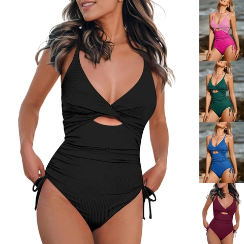 Women Sexy One-Piece Swimsuit Ribbed Hollow Out Drawstring Tie Side Front Twist Criss Cross Back High Cut Monokini Bathing Suit