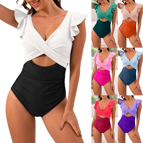 Women Sexy V-Neck Ruffle Sleeve Patchwork Cutout High Waisted Ruched Tummy Control Bathing Suit Slimming Backless Swimsuit