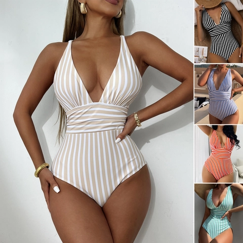 Women Striped One Piece Swimsuit Sexy Deep V Neck Ruched Waist Backless Bathing Suit Slimming High Elastic Beachwear