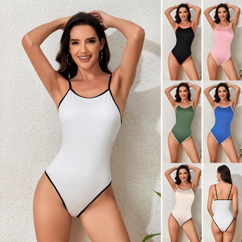 Women Sexy Backless One Piece Swimsuit Ribbed Wave Texture Contrast Trim Spaghetti Strap Slimming Beachwear Bathing Suit