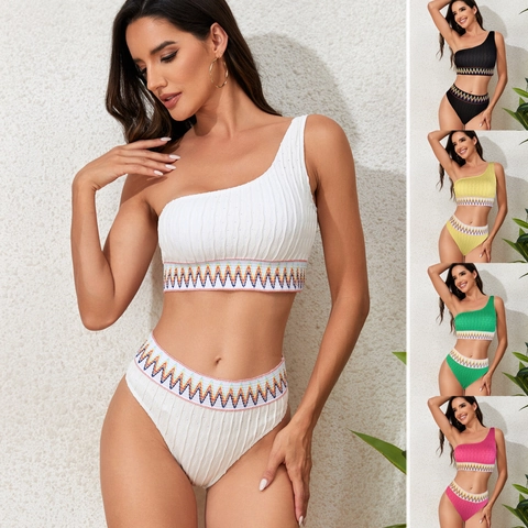 Women One Shoulder Bikini Set High Waisted Top And Bottom Swimsuit Ribbed Zigzag Embroidery Sexy Beach Bathing Suit