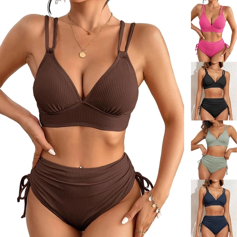 Women Ribbed Bikini Set High Waist Two Piece Swimsuit With Side Drawstring Sexy Padded Wireless V Neck Beachwear Bathing Suit