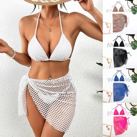 Women Halter Triangle Bikini Top Bottom And Mesh Wrap Skirt Sexy Solid Color Swimsuit Beach Vacation High Stretch Bathing Suit