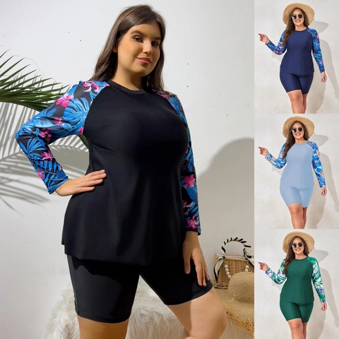 Women Plus Size Long Sleeve Swimsuit Two-Piece Tankini Rash Guard Tropical Print Surf Swimwear Sun Protection Bathing Suit