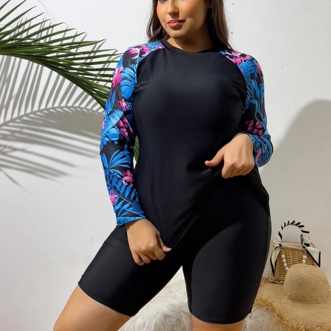 Women Plus Size Long Sleeve Swimsuit Two-Piece Tankini Rash Guard Tropical Print Surf Swimwear Sun Protection Bathing Suit