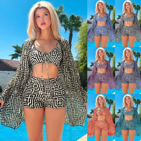Women's 3-Piece Swimsuit Set Geometric Maze Print Halter Bikini With Long Sleeve Cover Up High Waisted Beachwear Bathing Suit