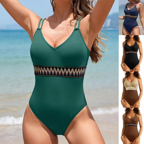 Women Ribbed One Piece Swimsuit Deep V Neck Ethnic Embroidery Belt Monokini Adjustable Cross Back Straps Bathing Suit