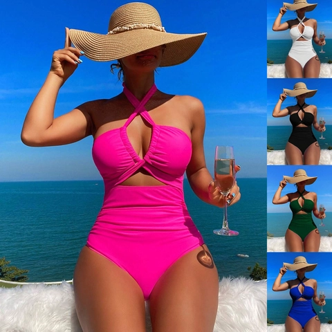 Women Halter One-Piece Swimsuit Cut-out Ruched High Waist Backless Solid Color Sexy Beachwear Monokini Bathing Suit