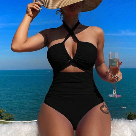 Women Halter One-Piece Swimsuit Cut-out Ruched High Waist Backless Solid Color Sexy Beachwear Monokini Bathing Suit