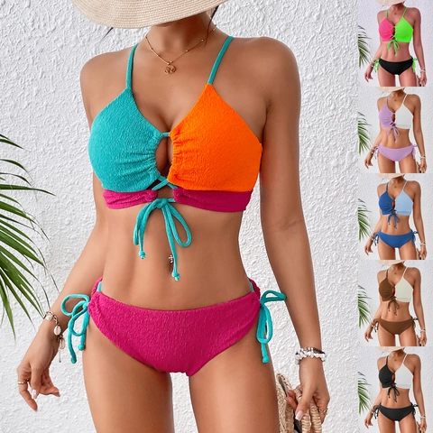 Women Textured Color Block Bikini Set Halter Neck Tie Side Two Piece Swimsuit Padded Beachwear Spliced Bathing Suit
