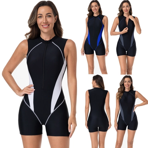 Women One Piece Sleeveless Swimsuit Front Zipper Color Block Surfing Suit Athletic Bathing Suit Quick Dry Swimwear