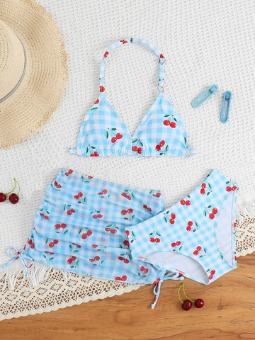 Κοριτσίστικο Μαγιό Με Τύπωμα Κεράσι Gingham Εξώπλατο Μπικίνι Με Τρίγωνο Κάτω Μέρος Και Φούστα Με Κορδόνι Παραλίας