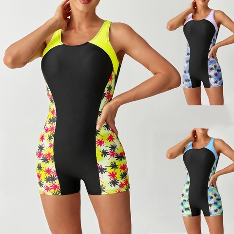 Costume da Bagno Intero Sportivo da Donna Pantaloncino Giuntura Stampa Palma Dorso a Vogatore Schiena Scoperta