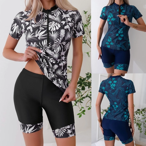 Women Athletic Swimwear Rash Guard Zipper Top And Shorts Tropical Leaf Print Short Sleeve Sun Protection Bathing Suit