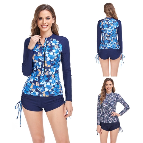 Dames Lange Mouw Tweeledig Badpak Bloemenprint Rash Guard Set Met Rits Voorzijde En Boy Shorts Surfen Badmode