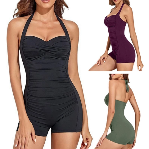 Women Sexy One Piece Swimsuit Halter Ruched Boyleg Bathing Suit Tummy Control Plus Size Padded Swimming Suit For Beach Vacation