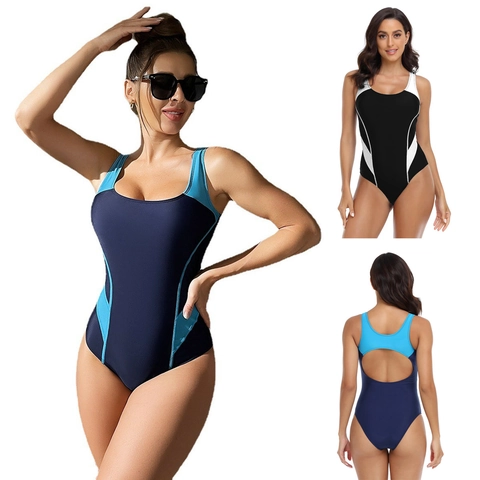 Women Sporty Swimsuit Color Block Patchwork Backless Athletic Training High Elastic Sleeveless Bathing Suit Monokini