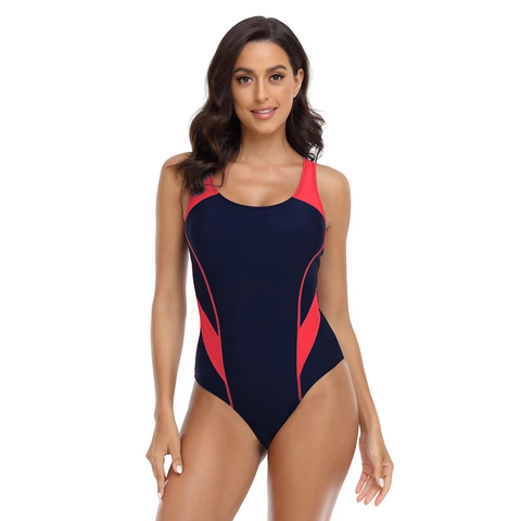 Women Sporty Swimsuit Color Block Patchwork Backless Athletic Training High Elastic Sleeveless Bathing Suit Monokini