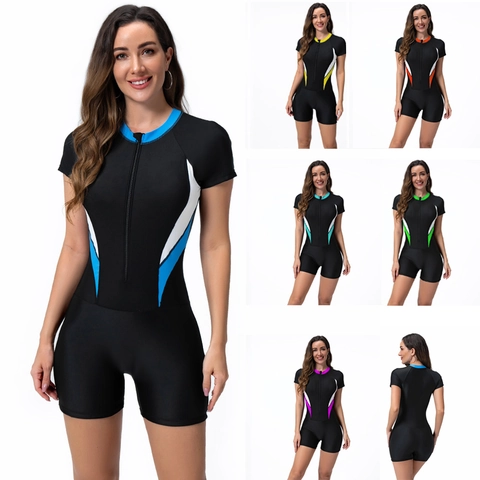 Bañador de Una Pieza Deportivo para Mujer Manga Corta Cremallera Frontal Rash Guard Surf Bloque de Color Traje de Baño