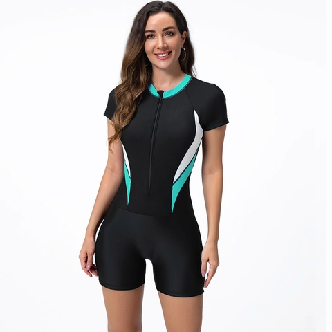 Bañador de Una Pieza Deportivo para Mujer Manga Corta Cremallera Frontal Rash Guard Surf Bloque de Color Traje de Baño